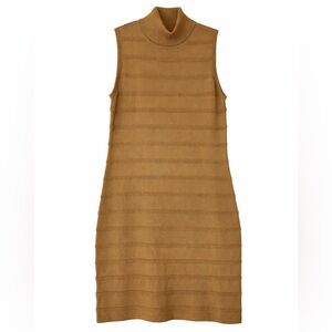 Calvin Klein Camel Ribbed Sleeveless Turtleneck Midi Dress